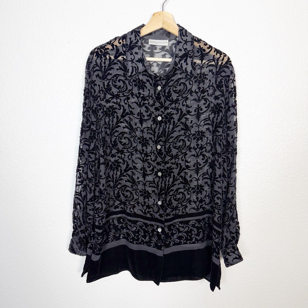 Valerie Stevens Velvet Burnout Long Sleeve Button Up Tunic Blouse Womens Size 10